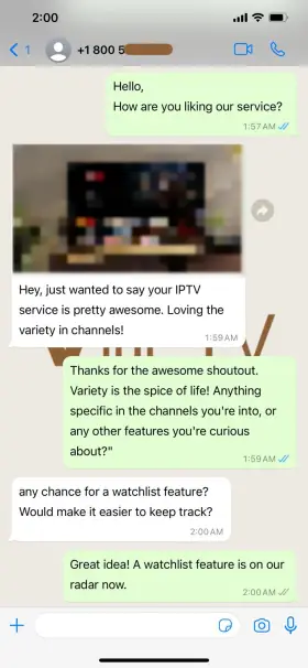 WhatsApp chat in which a Televo IPTV customer says the service is pretty awesome and they love the variety of channels