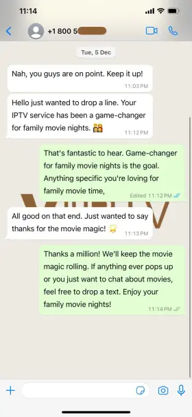 WhatsApp chat in which a Televo IPTV customer says the service has been a game-changer for family movie nights