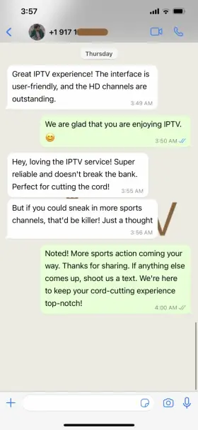 WhatsApp chat in which a Televo IPTV customer praises the user-friendly interface and the HD channels
