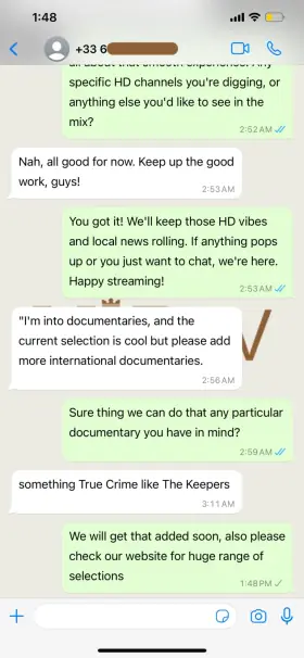 WhatsApp chat in which a Televo IPTV customer tells support everything is fine and to keep up the good work
