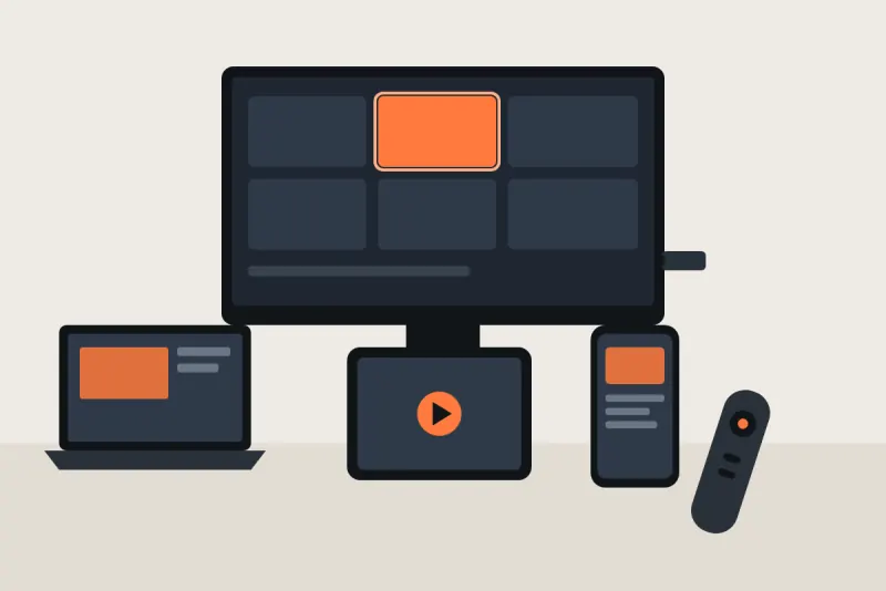 Illustration of a TV, laptop, tablet and phone, the kinds of devices used to watch IPTV