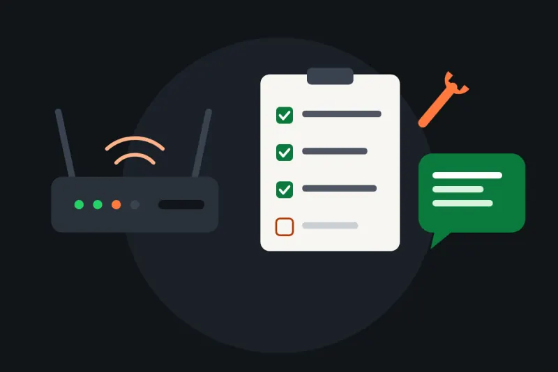 Illustration of Televo IPTV troubleshooting: a broadband router, a checklist and a support chat